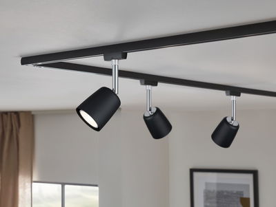 Black metal LED track light with three adjustable spotlights for modern indoor lighting