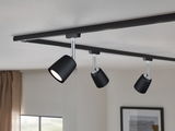 Rail lumineux LED noir en métal avec trois spots orientables pour éclairage intérieur moderne