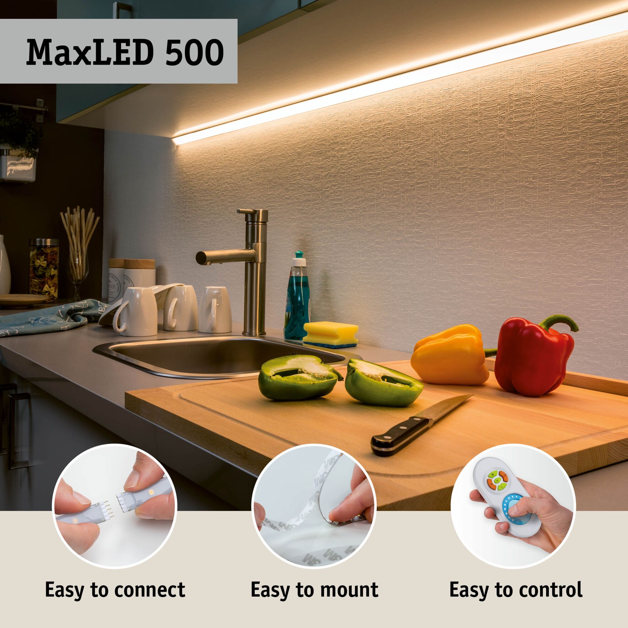 MaxLED 500 warm white LED under-cabinet light for kitchen countertop with easy mounting and control