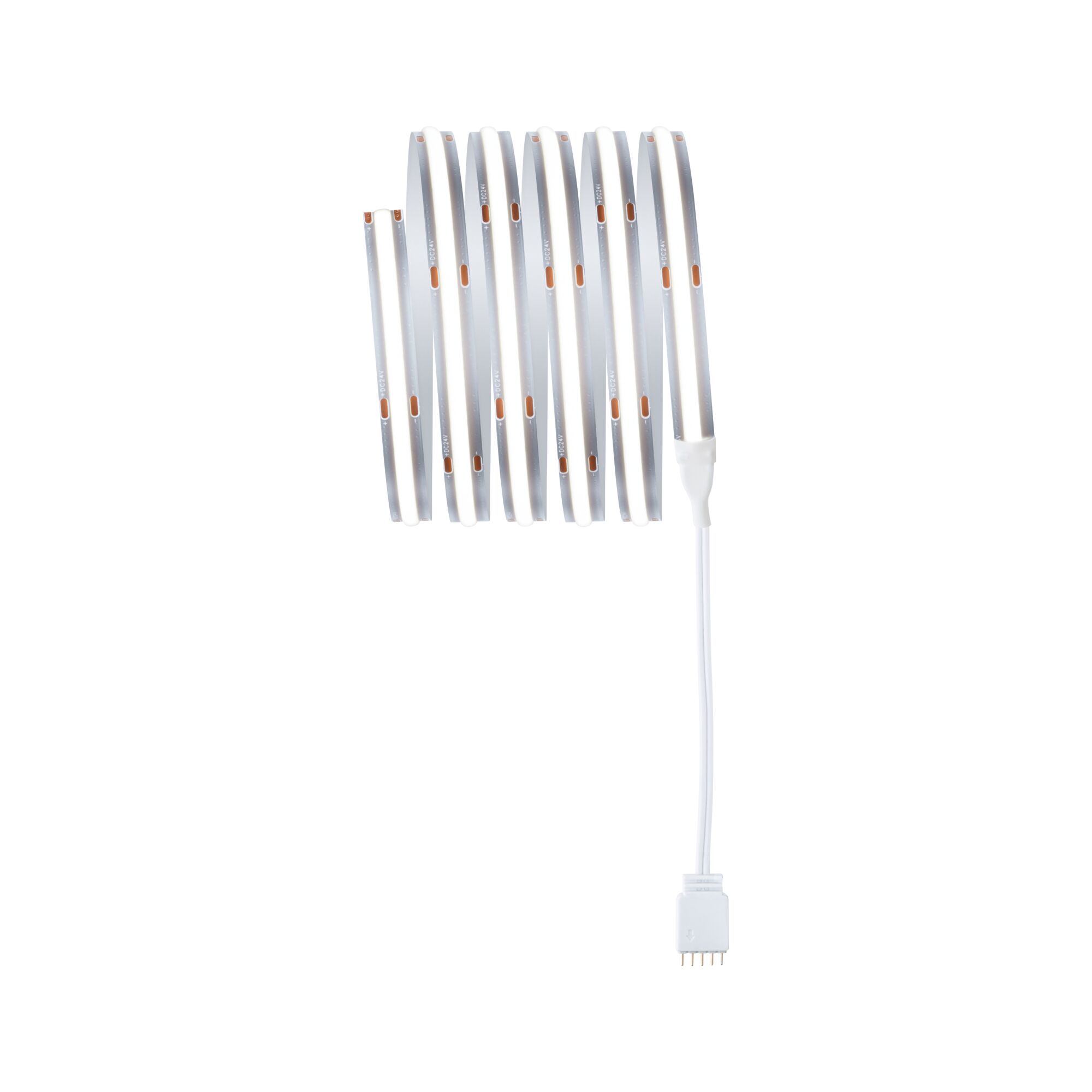 Flexible white LED strip with connector cable for modern lighting decoration and illumination.