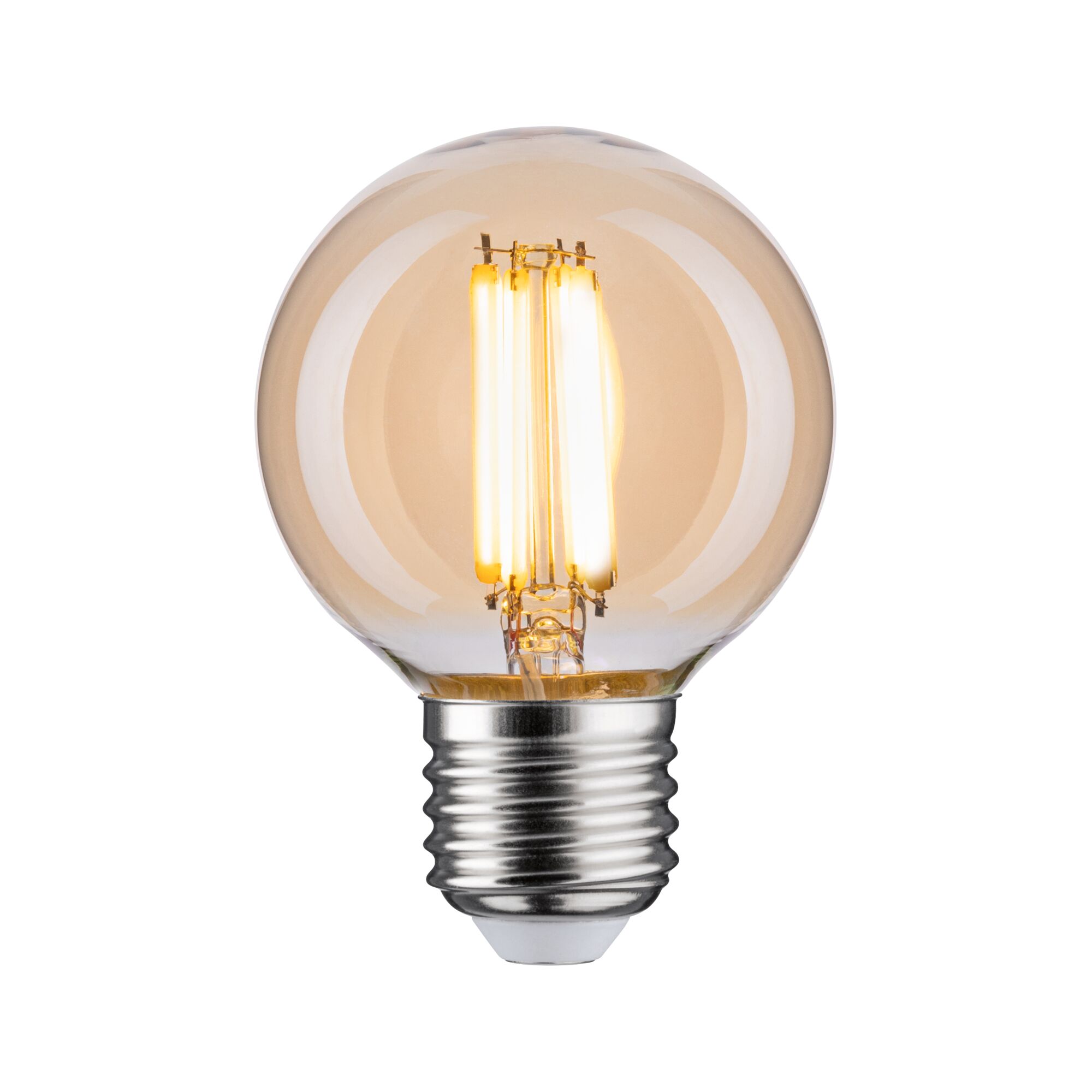 Runde LED-Glühbirne mit warmweißem Licht und transparentem bernsteinfarbenem Glas, energiesparende Leuchte