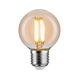 Runde LED-Glühbirne mit warmweißem Licht und transparentem bernsteinfarbenem Glas, energiesparende Leuchte