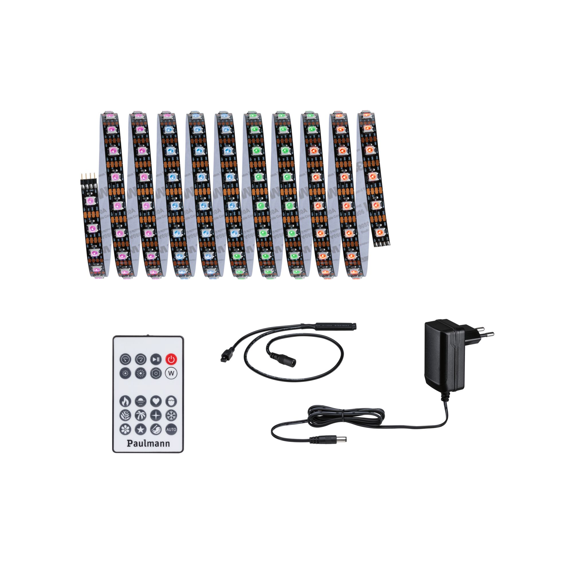 Bunt leuchtendes LED-Lichtband mit Fernbedienung, Netzteil und Anschlusskabel für flexible Lichtgestaltung