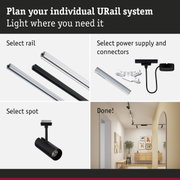 Modular URail track system with black and white aluminium rails for customizable lighting solutions