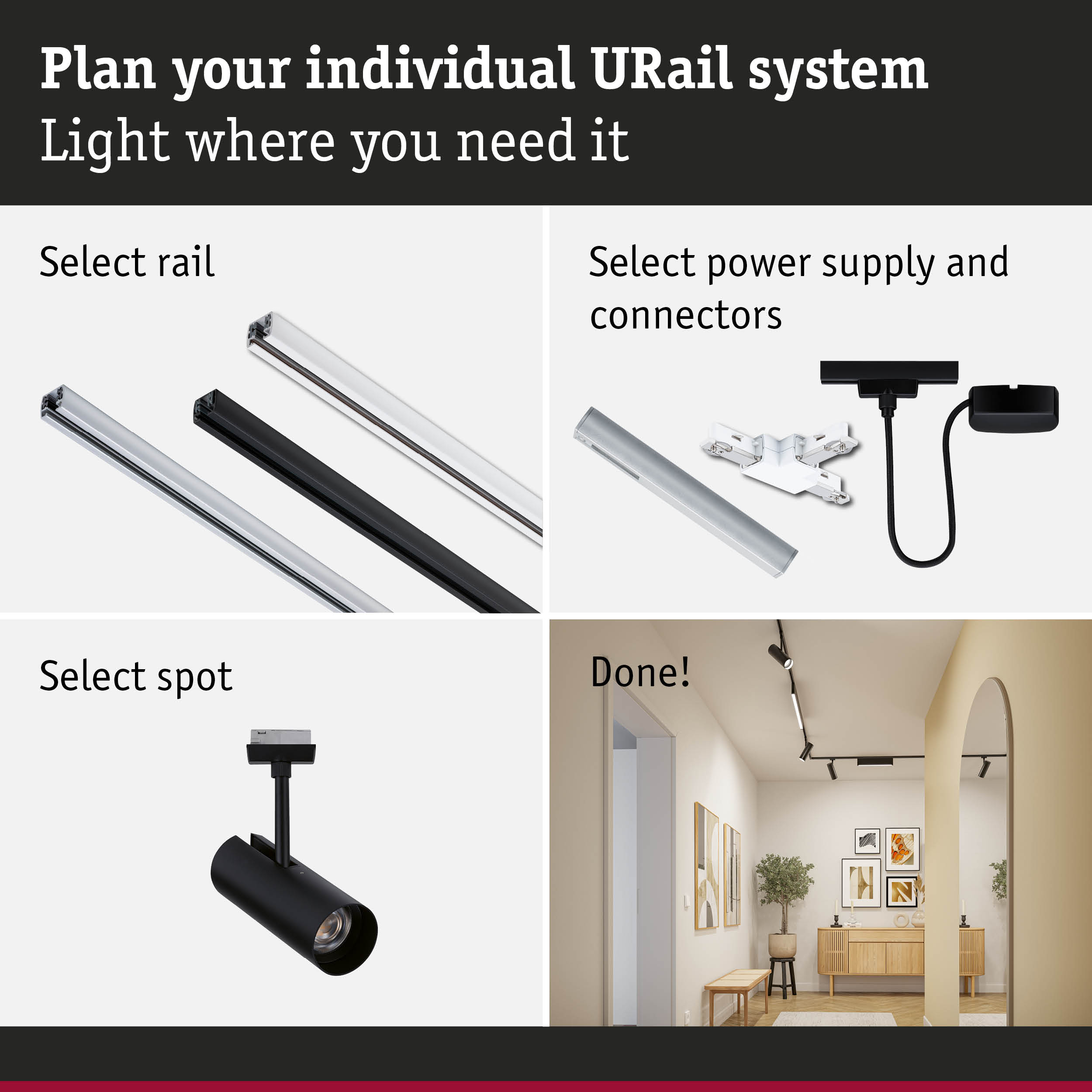 Modular URail track system with black and white aluminium rails for customizable lighting solutions