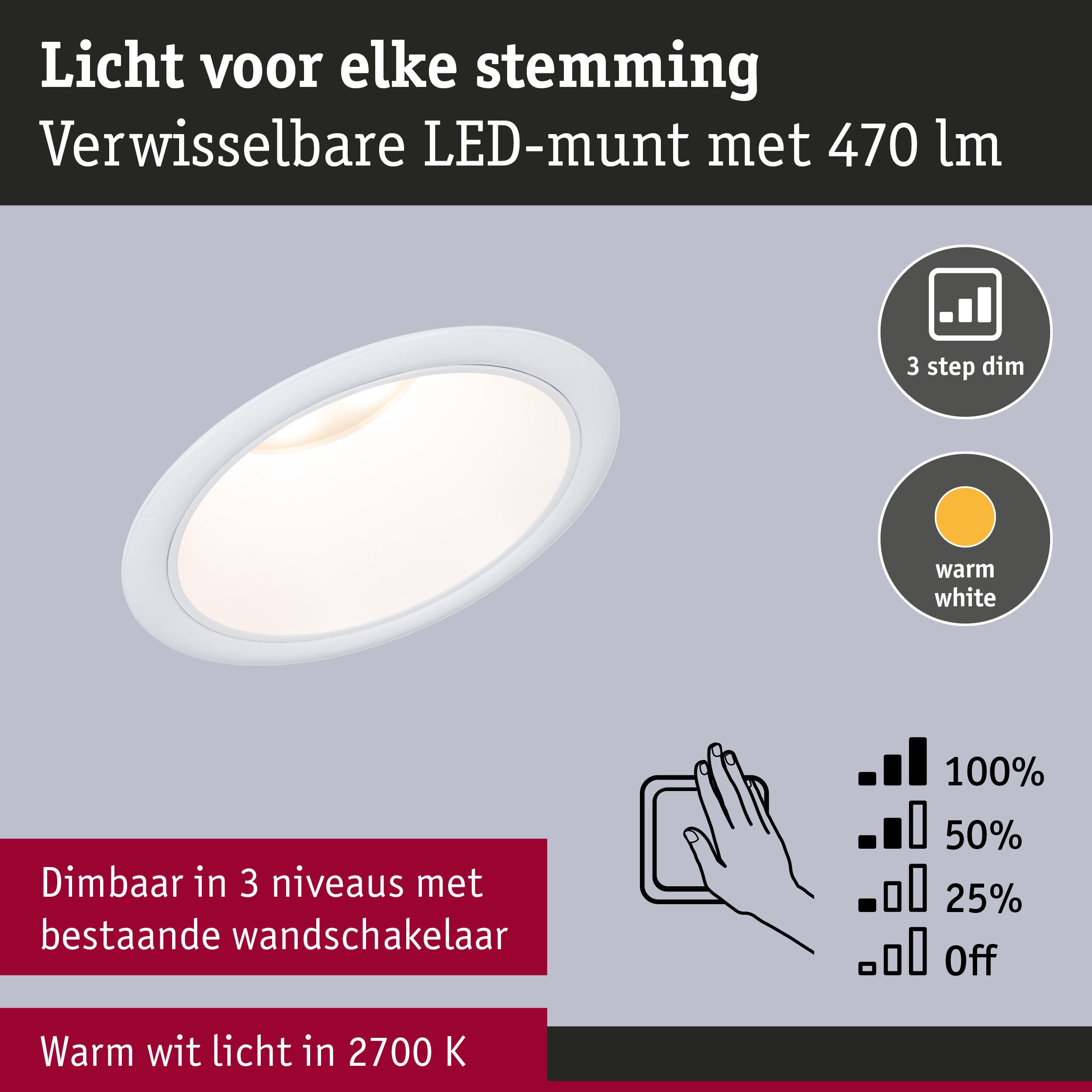 Witte LED-inbouwspot met warm wit licht 2700K en 3-standen dimmen via bestaande wandschakelaar