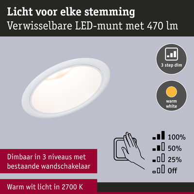 Witte LED-inbouwspot met warm wit licht 2700K en 3-standen dimmen via bestaande wandschakelaar
