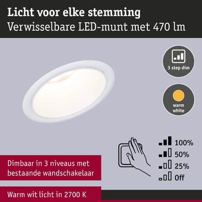 Witte LED-inbouwspot met warm wit licht 2700K en 3-standen dimmen via bestaande wandschakelaar