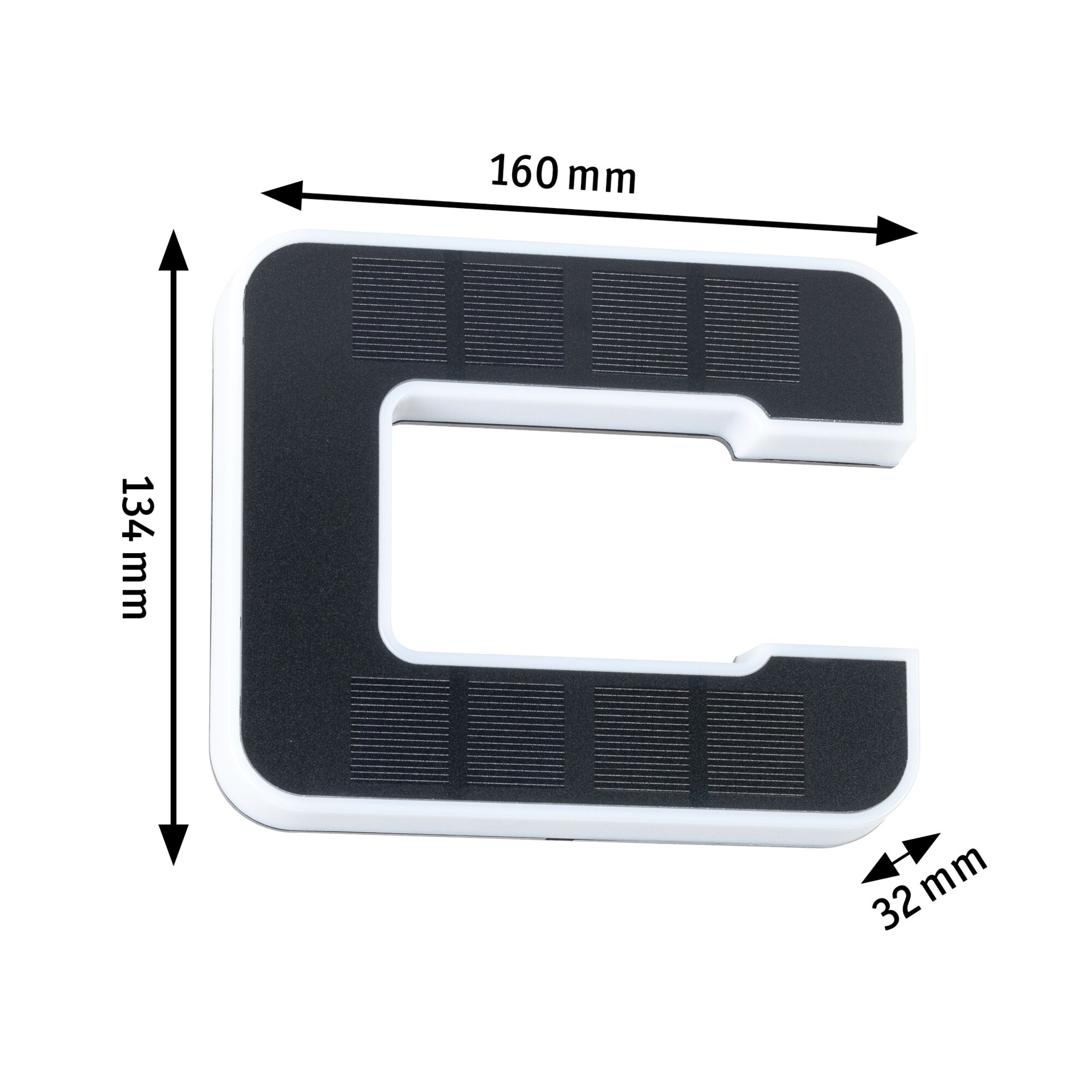 Schwarzes und weißes Kunststoffteil mit Maßen 160x134x32 mm, technische Komponente