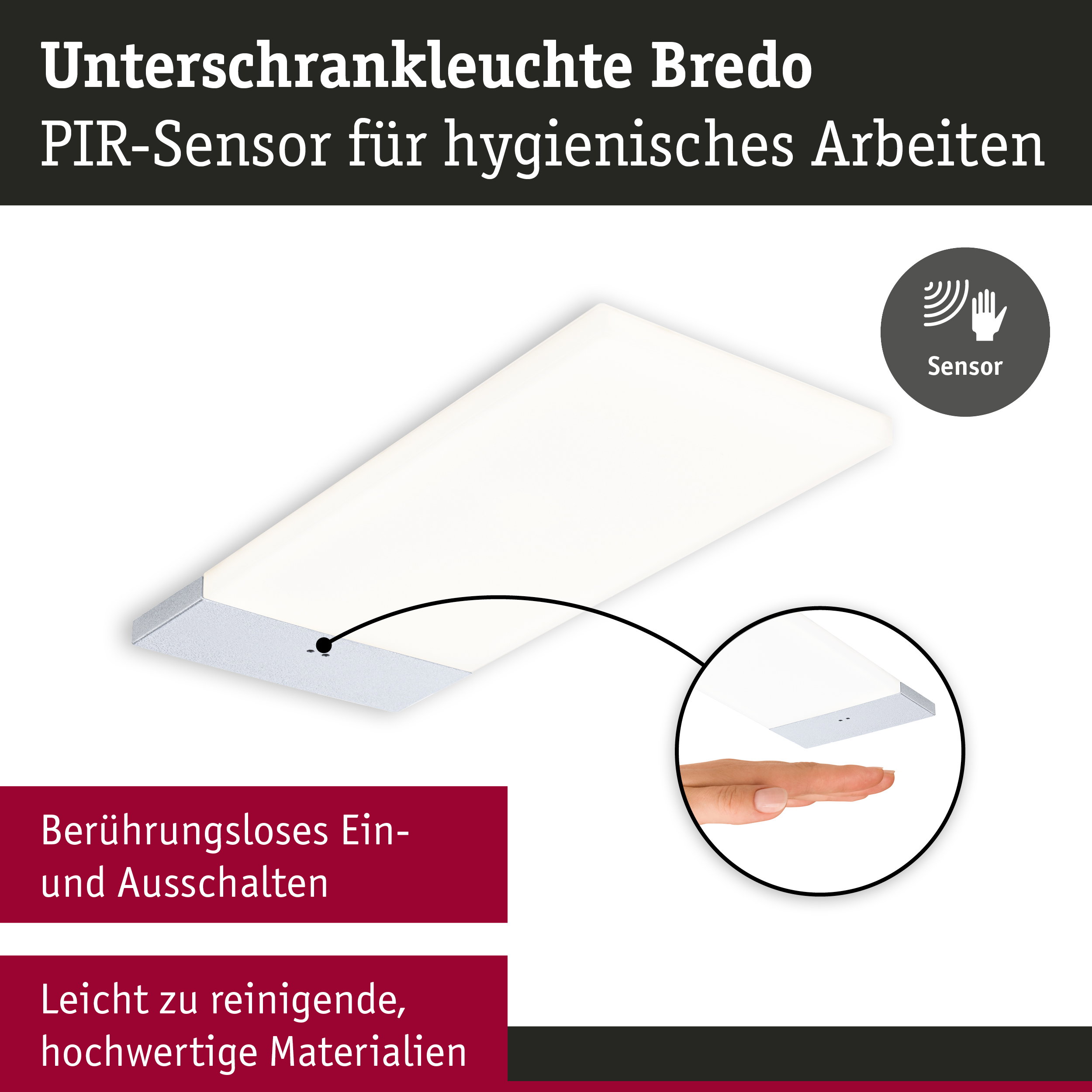 Unterschrankleuchte Bredo mit PIR-Sensor in Weiß und Silber für hygienisches, berührungsloses Schalten