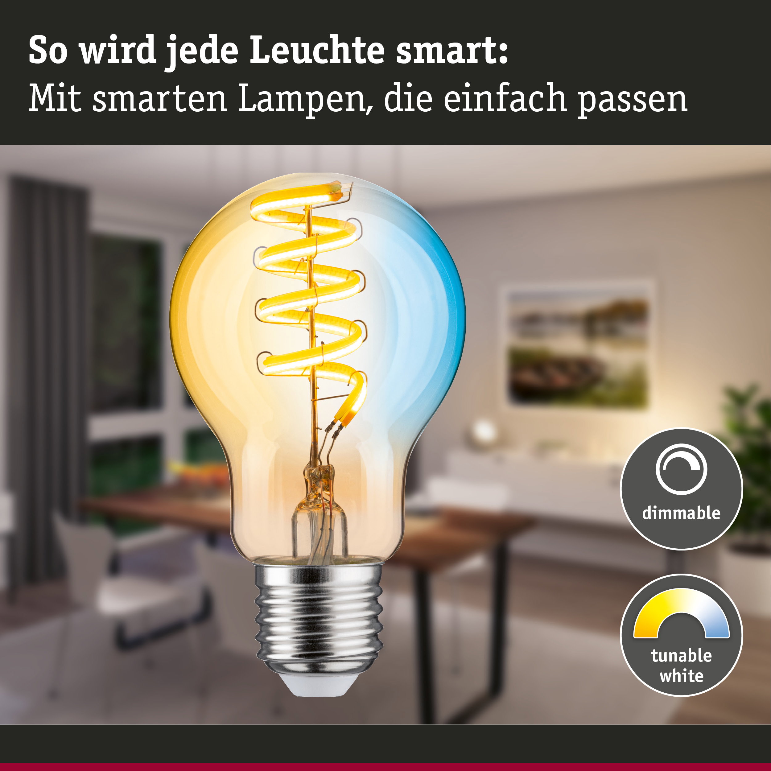 Glühbirne mit spiralförmigem LED-Filament, dimmbar und mit einstellbarem Weißton für smarte Beleuchtung