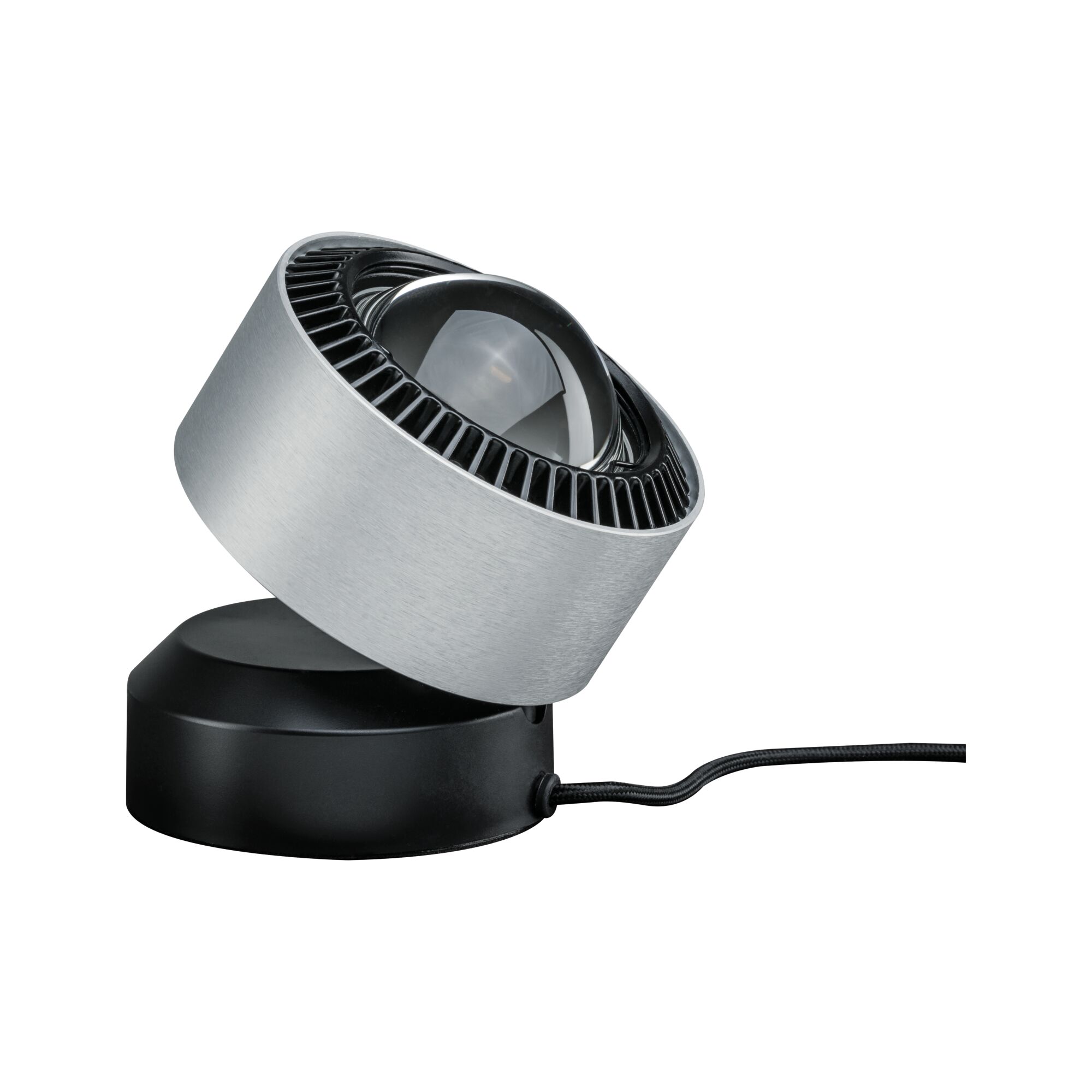 Moderne LED-spot van geborsteld zilverkleurig aluminium met zwarte voet en kabel voor binnenverlichting