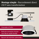 Spot LED encastrable avec réflecteur noir et boîtier blanc, profondeur 55 mm, raccordement direct 230 V simple