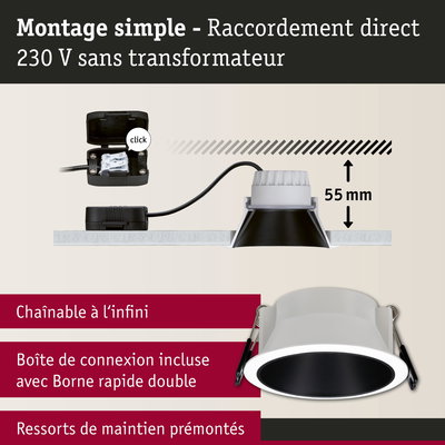 Spot LED encastrable avec réflecteur noir et boîtier blanc, profondeur 55 mm, raccordement direct 230 V simple