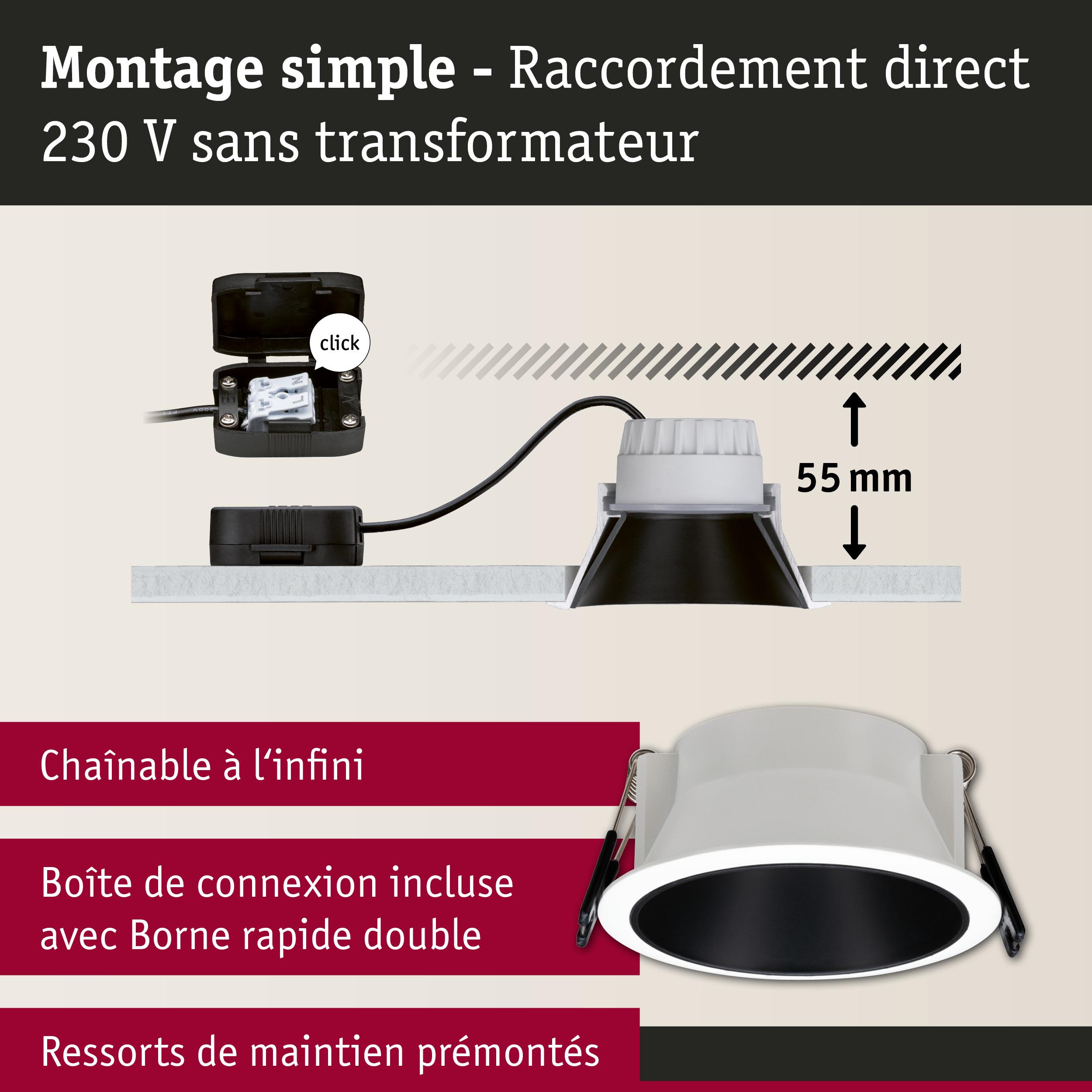 Spot LED encastrable avec réflecteur noir et boîtier blanc, profondeur 55 mm, raccordement direct 230 V simple