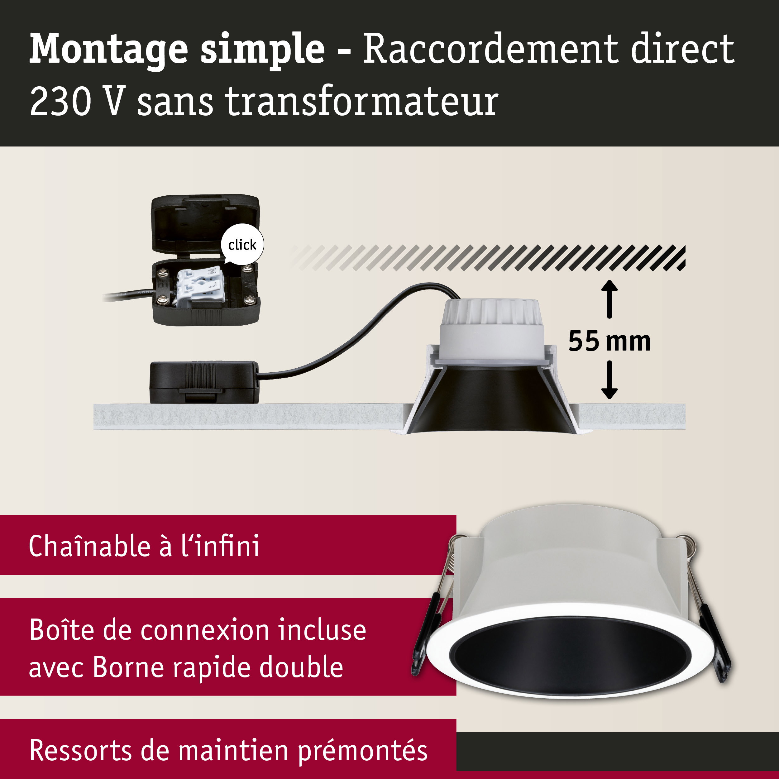 Spot encastré blanc avec anneau intérieur noir et boîte de connexion pour 230V sans transformateur