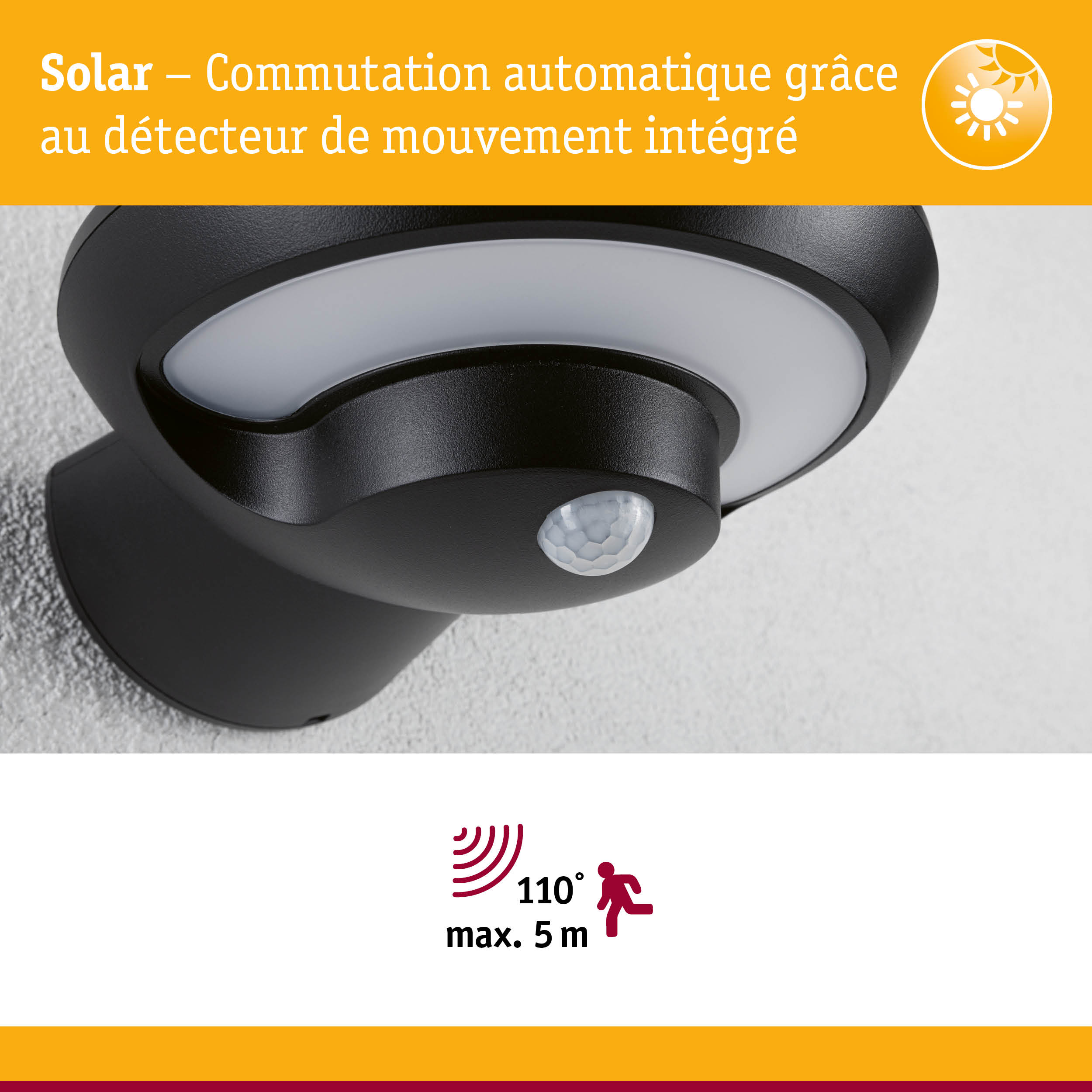 Applique solaire noire avec détecteur de mouvement intégré et angle de détection de 110° jusqu’à 5 mètres