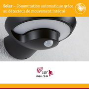 Applique solaire noire avec détecteur de mouvement intégré et angle de détection de 110° jusqu’à 5 mètres