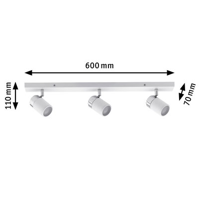 White metal LED ceiling spotlight with three adjustable heads, 600 mm length, modern indoor lighting fixture