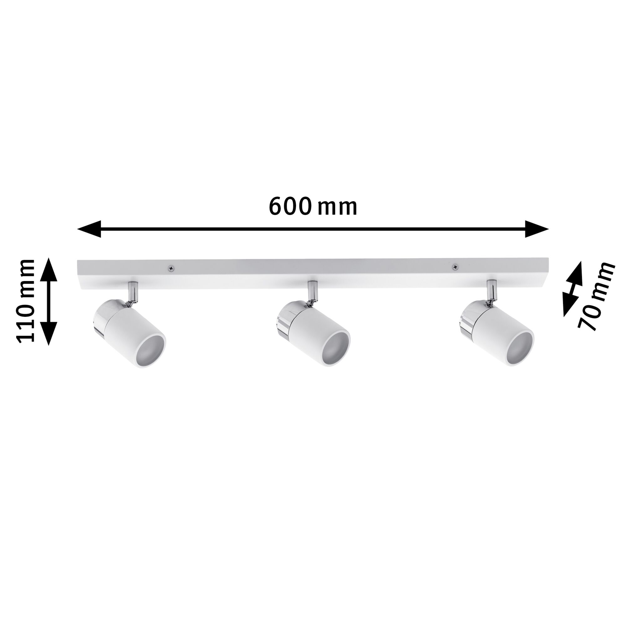 White metal LED ceiling spotlight with three adjustable heads, 600 mm length, modern indoor lighting fixture