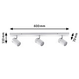 White metal LED ceiling spotlight with three adjustable heads, 600 mm length, modern indoor lighting fixture