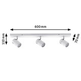 White metal LED ceiling spotlight with three adjustable heads, 600 mm length, modern indoor lighting fixture