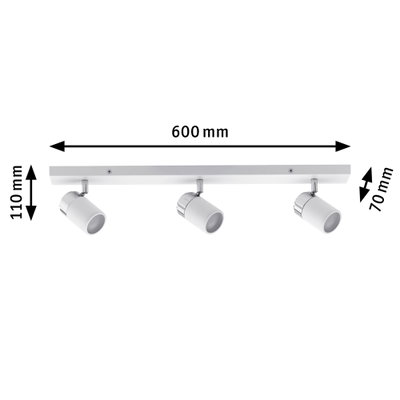 White metal LED ceiling spotlight with three adjustable heads, 600 mm length, modern indoor lighting fixture