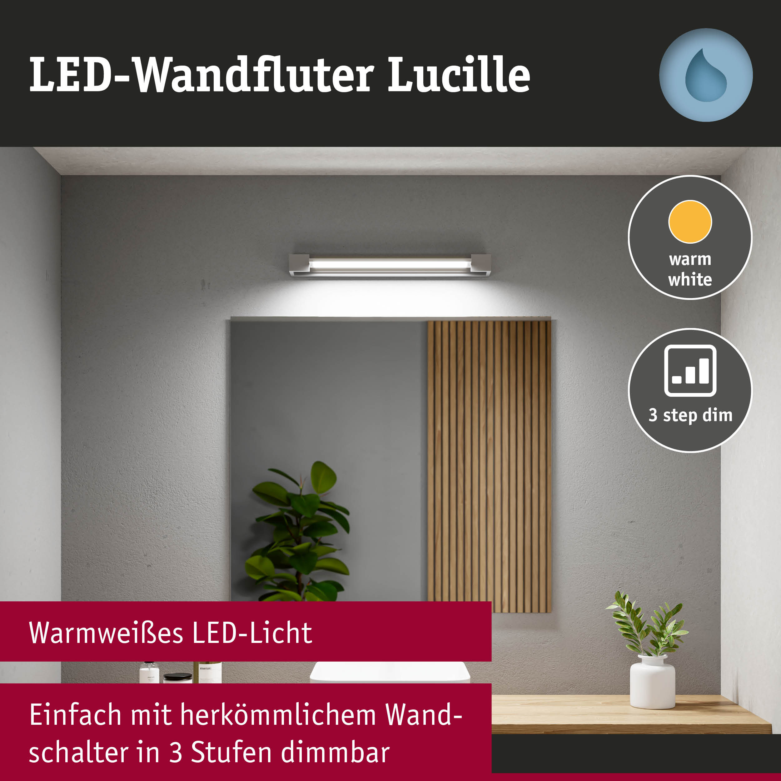 LED-Wandfluter Lucille in Weiß mit warmweißem Licht und 3-Stufen-Dimmer für Wohnraumbeleuchtung