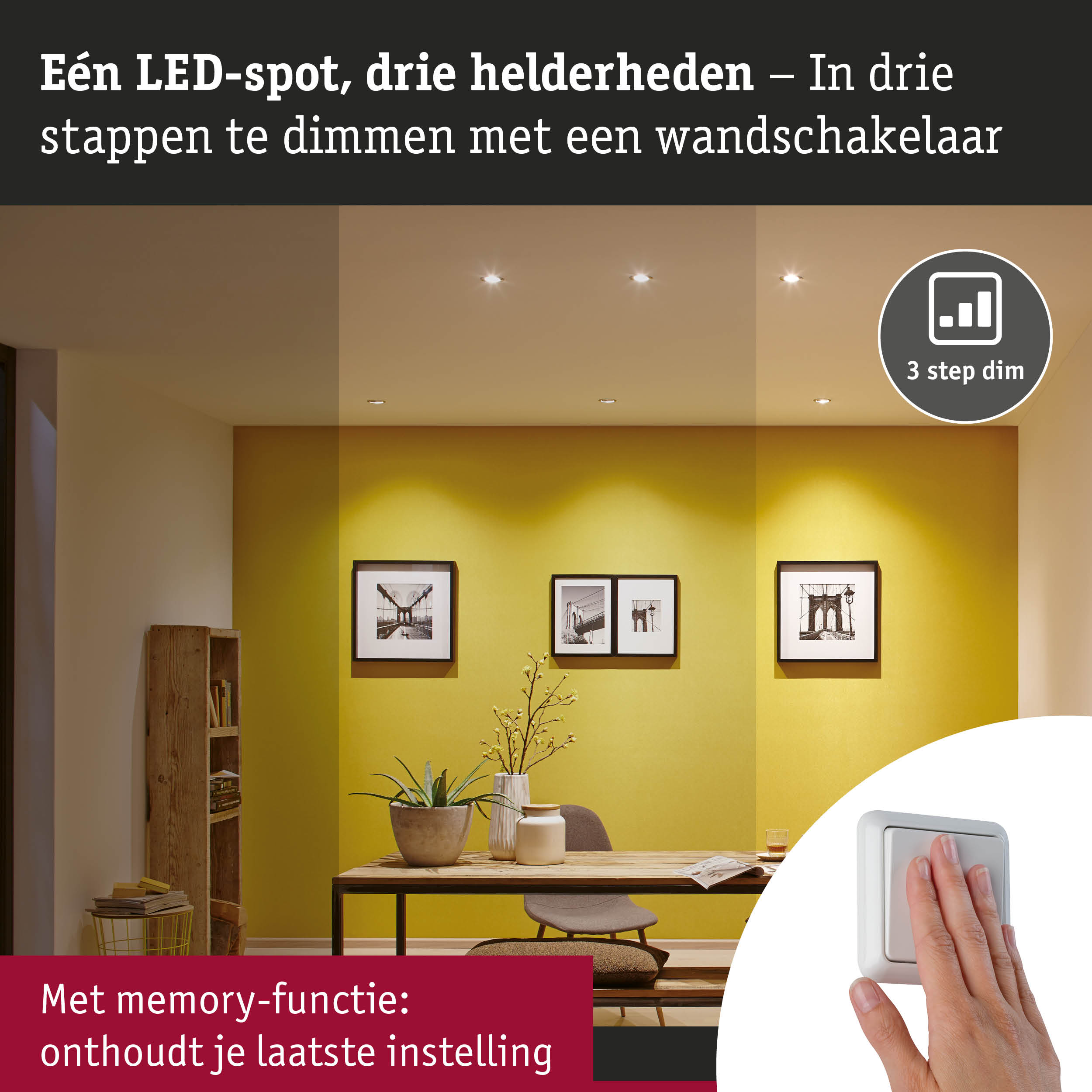 Drie dimbare LED-spots aan het plafond met wandschakelaar en geheugenfunctie voor lichtregeling