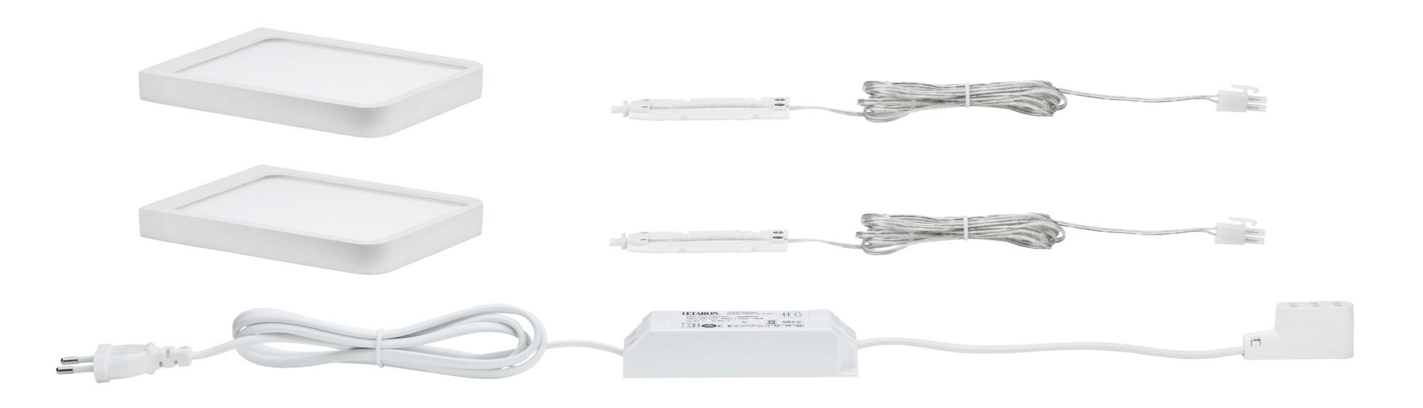 Two white LED panels with power supply and cables for versatile lighting setups