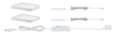 Two white LED panels with power supply and cables for versatile lighting setups