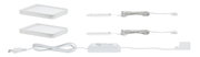 Two white LED panels with power supply and cables for versatile lighting setups