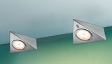 Two triangular recessed LED lights in brushed stainless steel ceiling mount with warm white light