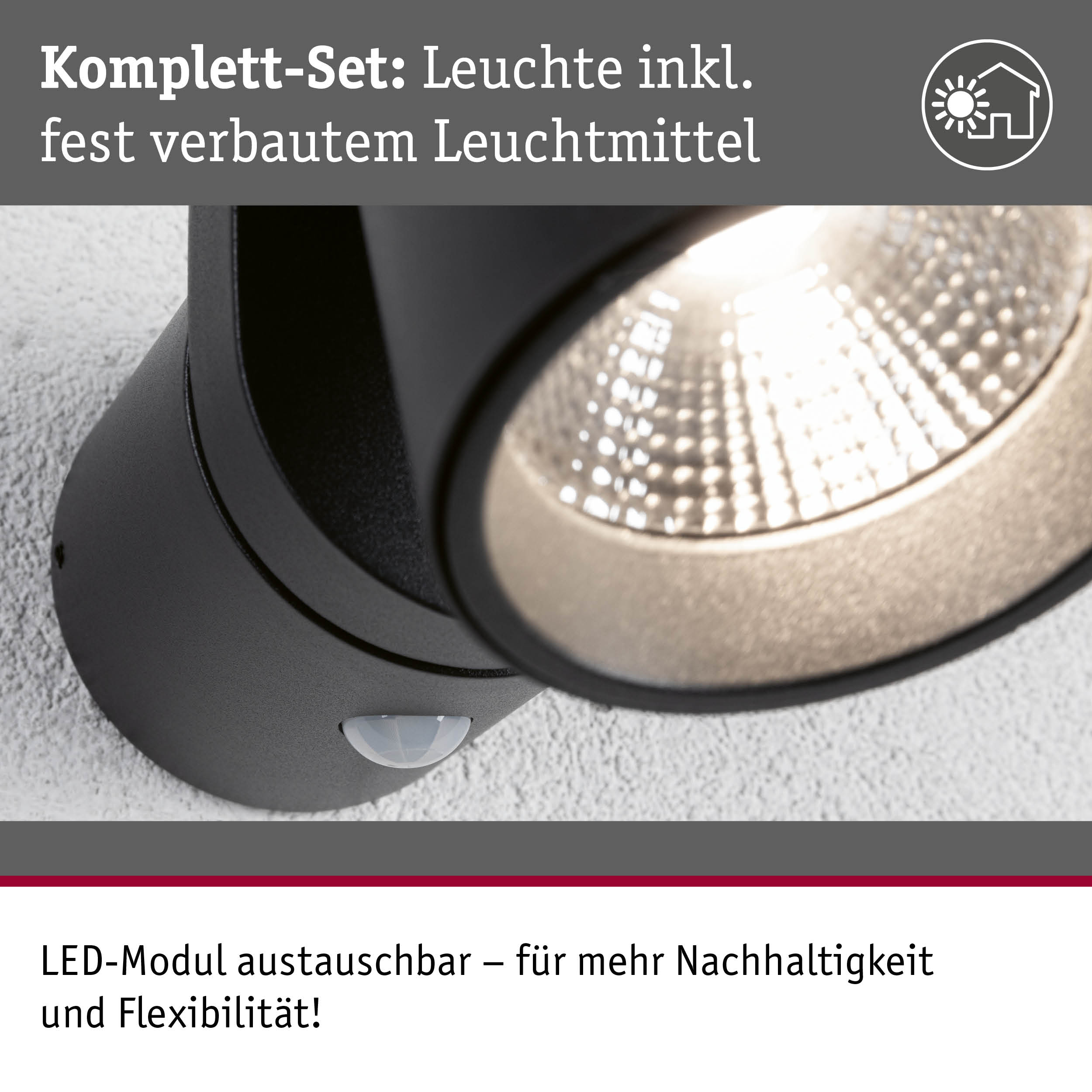 Schwarze LED-Außenleuchte mit austauschbarem Modul und integriertem Sensor für nachhaltige Beleuchtung