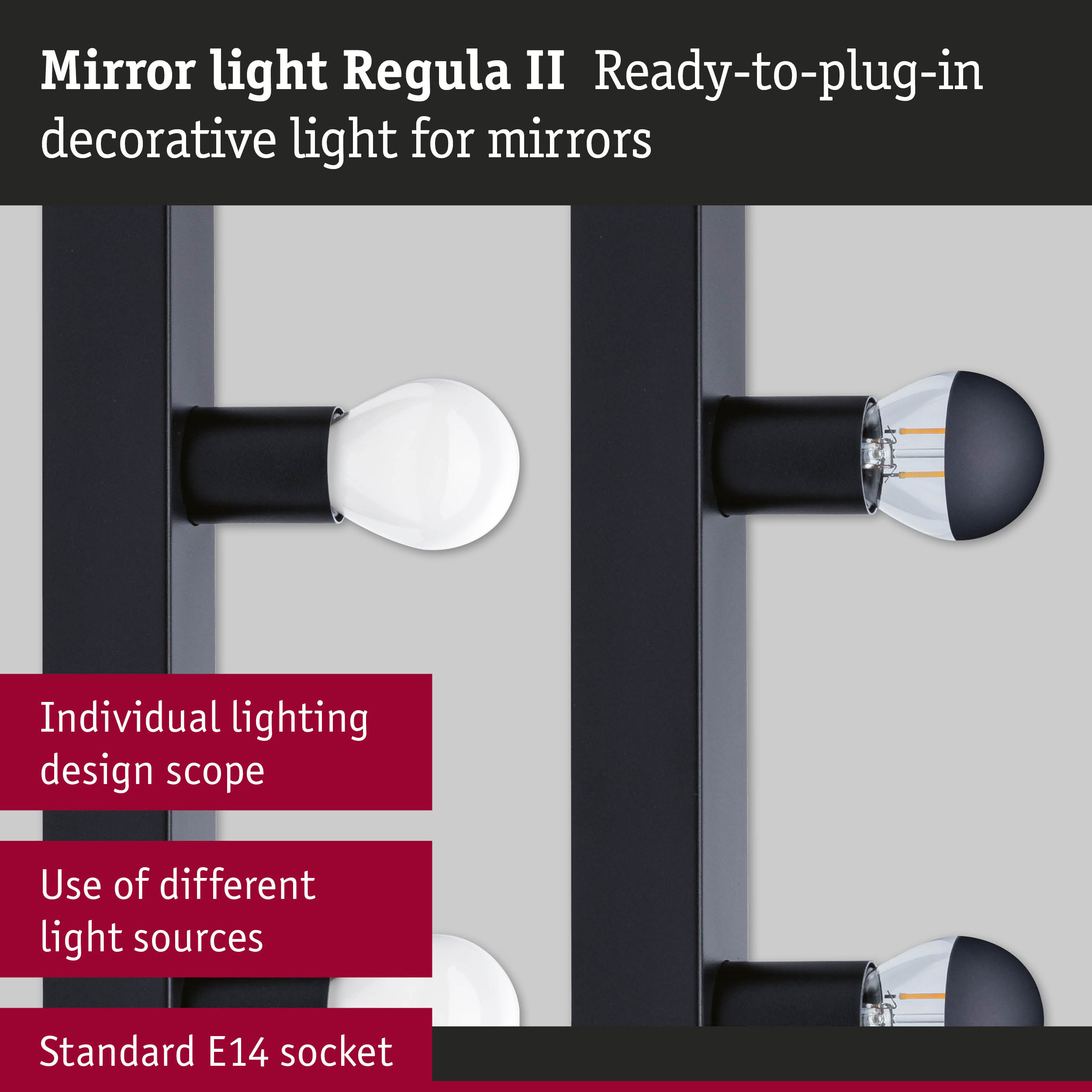 Black Regula II mirror light with E14 socket and multiple light sources for bathroom mirrors