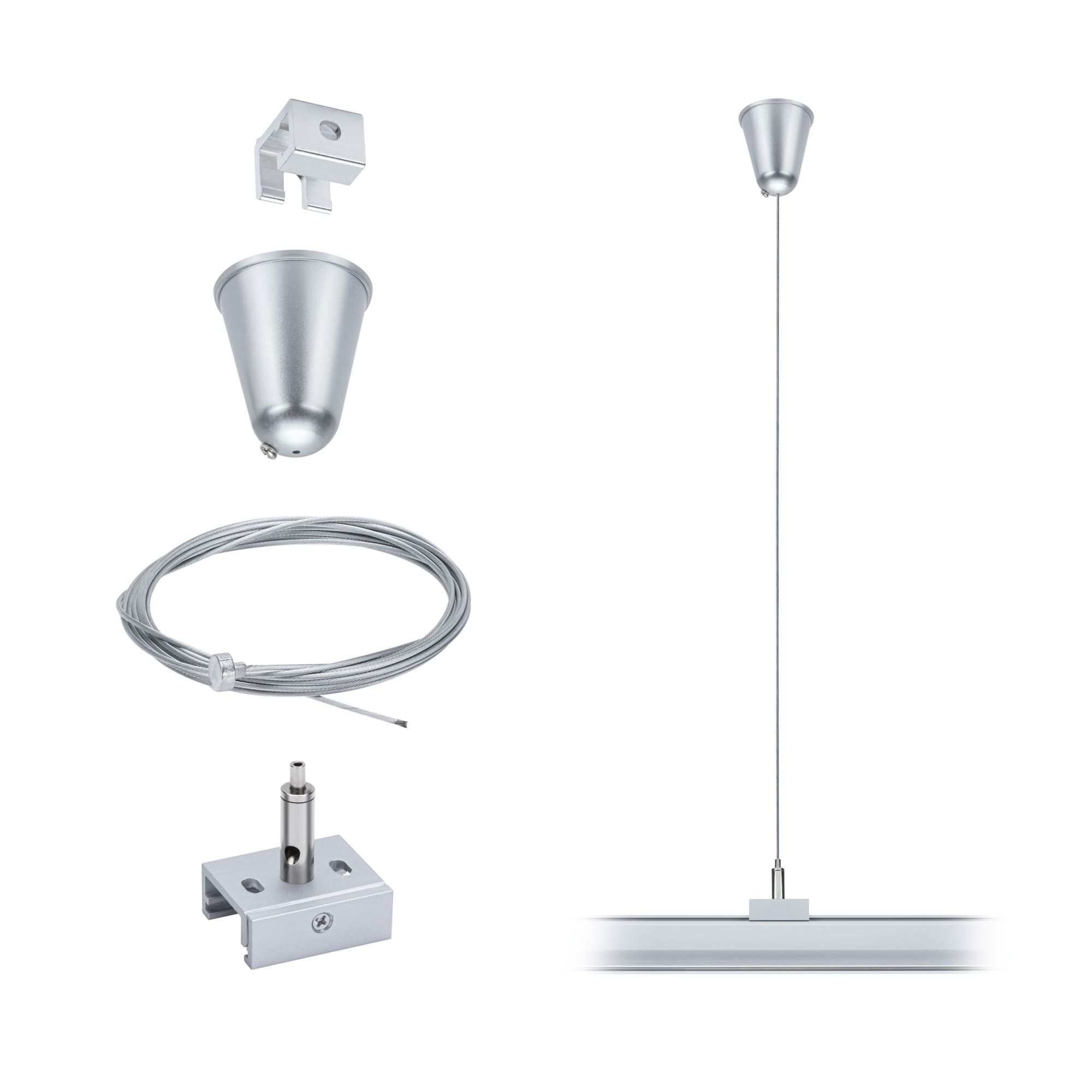Kit de suspension en métal argenté pour éclairage LED sur rail avec support plafond et câble.
