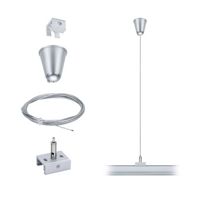 Zilverkleurige metalen ophangset voor LED-rails met plafondbevestiging en kabel voor verlichting.
