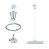 Silbernes Seilabhängeset aus Metall für LED-Schienenbeleuchtung mit Deckenhalterung und Kabel.