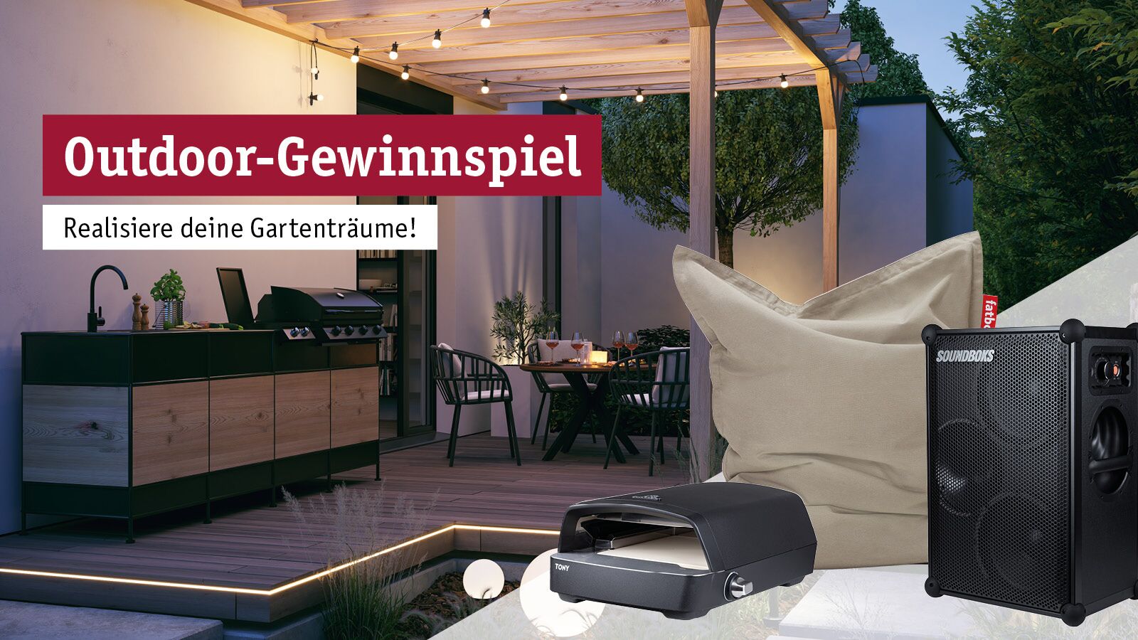 Outdoor-Gewinnspiel mit moderner Gartenküche, LED-Beleuchtung, Lautsprecher und Sitzsack in Beige für Gartenideen