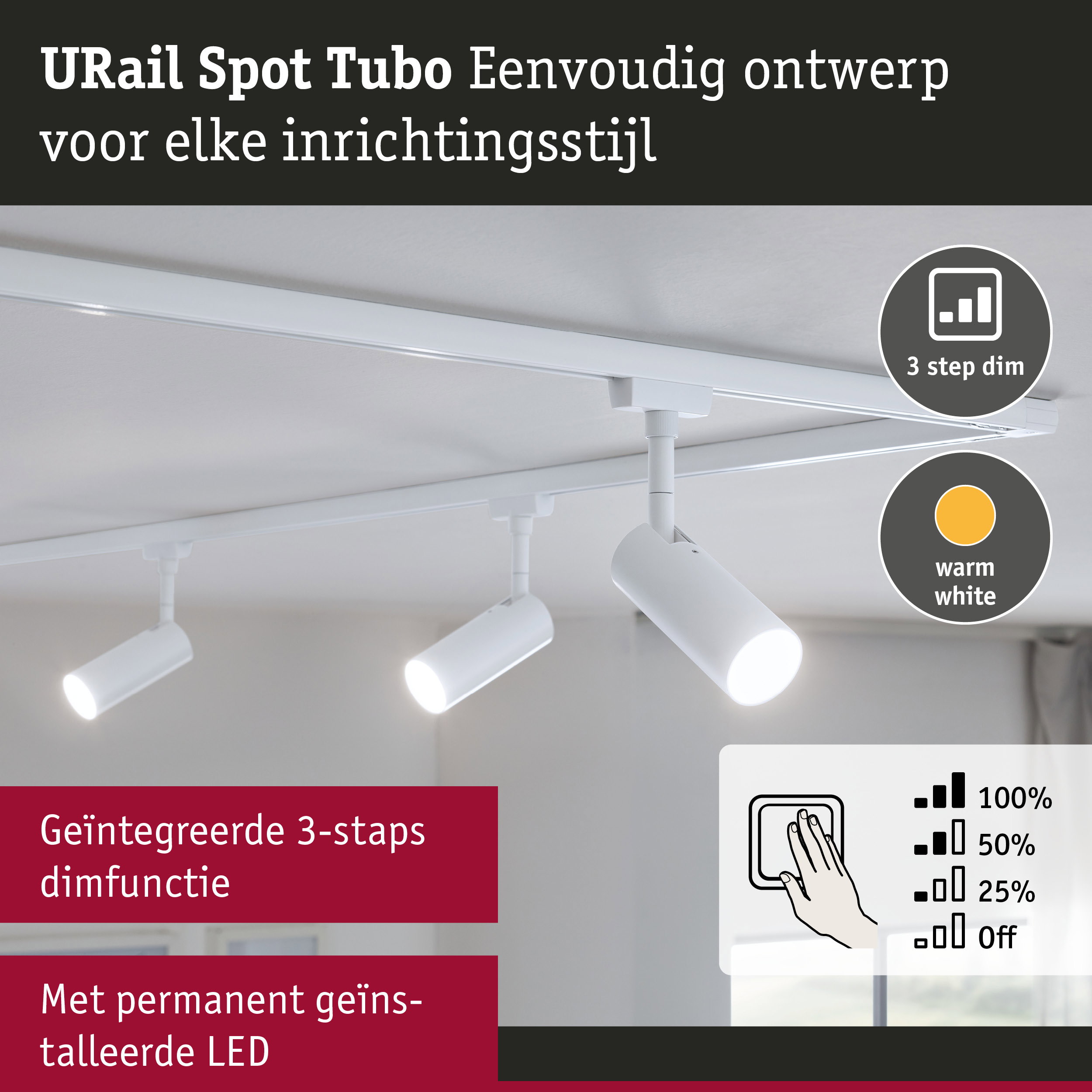 Witte URail Spot Tubo LED-spot met geïntegreerde 3-staps dimfunctie voor moderne binnenverlichting