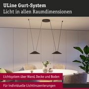 Modernes ULine Gurt-System mit schwarzen Hängeleuchten über rundem Tisch im Esszimmer