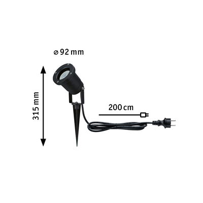 Projecteur à piquer noir en métal de 92 mm de diamètre avec câble de 200 cm pour éclairage extérieur