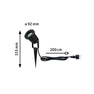 Black metal spike spotlight with 92 mm diameter and 200 cm cable for outdoor lighting