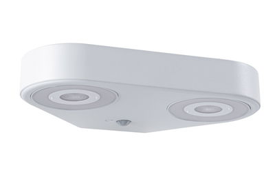 Weiße LED-Deckenleuchte mit zwei runden Leuchtflächen und Bewegungssensor aus Kunststoff