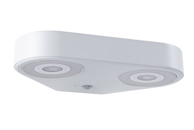 Weiße LED-Deckenleuchte mit zwei runden Leuchtflächen und Bewegungssensor aus Kunststoff