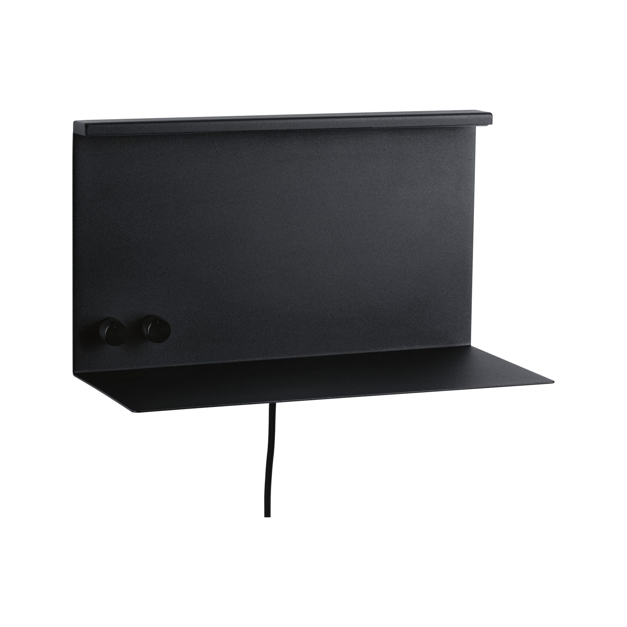 Black metal wall lamp with flat design and two knobs for adjustable LED lighting in modern interiors