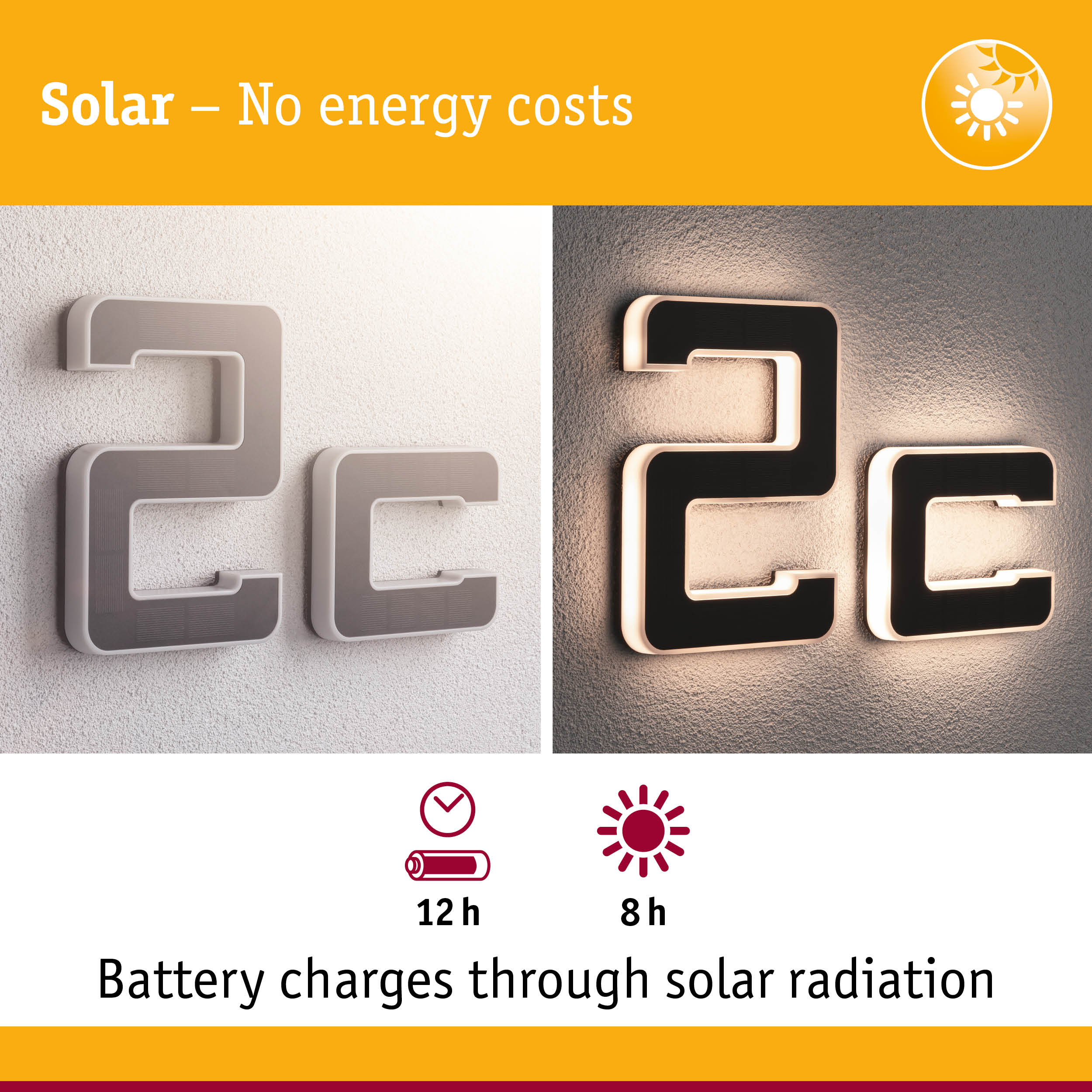 Solar-powered house number with black surface and white LED lighting for energy-efficient outdoor illumination