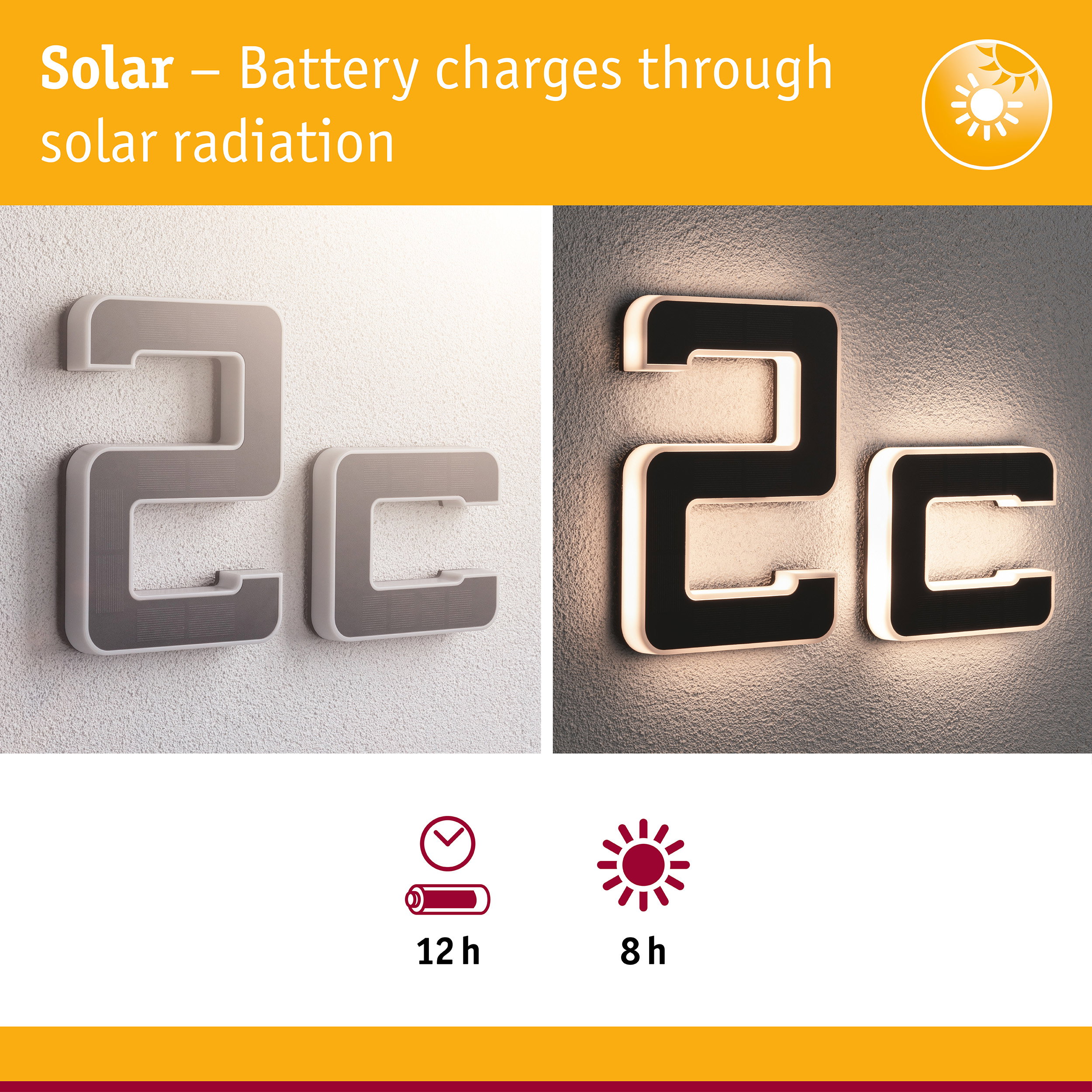 Solar-powered house number with black surface and white LED lighting for energy-efficient outdoor illumination