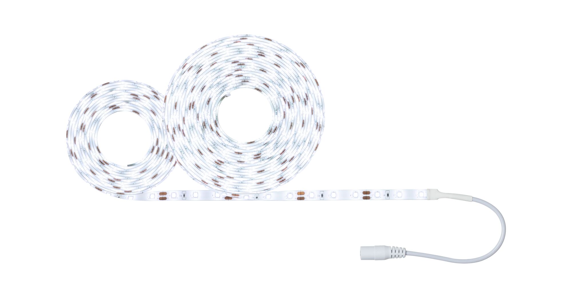 Zwei weiße LED-Lichtbänder mit Anschlusskabel, flexibel und energiesparend für Wohnraumbeleuchtung