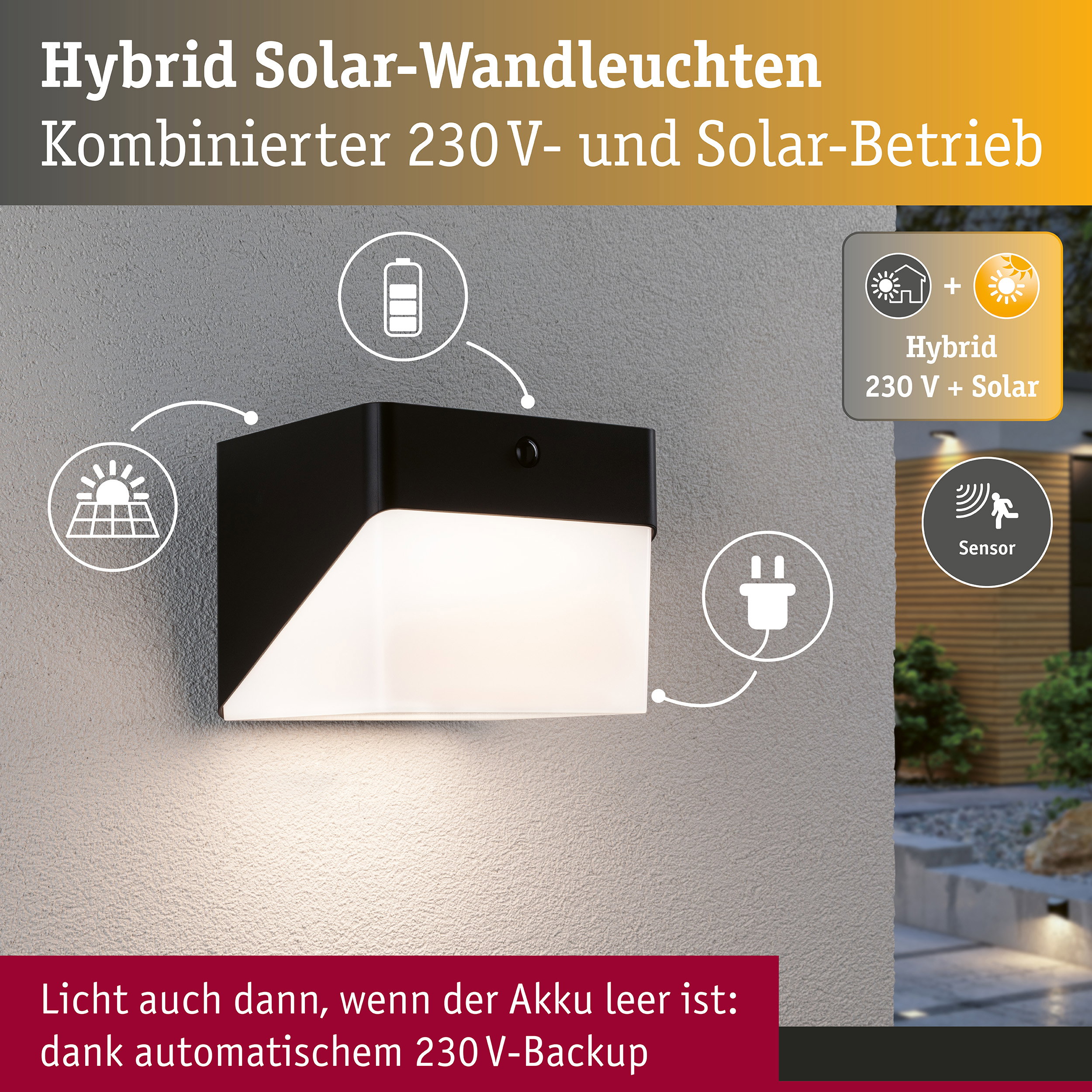 Hybrid LED Außenwandleuchte Lioren House 230V + Solar IP44 eckig 170x170mm 3000K 2,3W 230lm 230V Schwarz